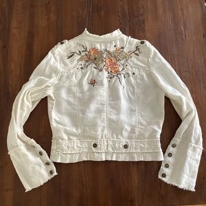 Sugar Lips White Embroidered 100% Linen Jacket Cropped Floral Boho Raw Edge
